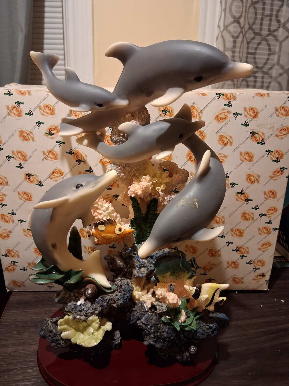 Ceramic Dolphin Sculpture with Coral Base - Gray and Cream